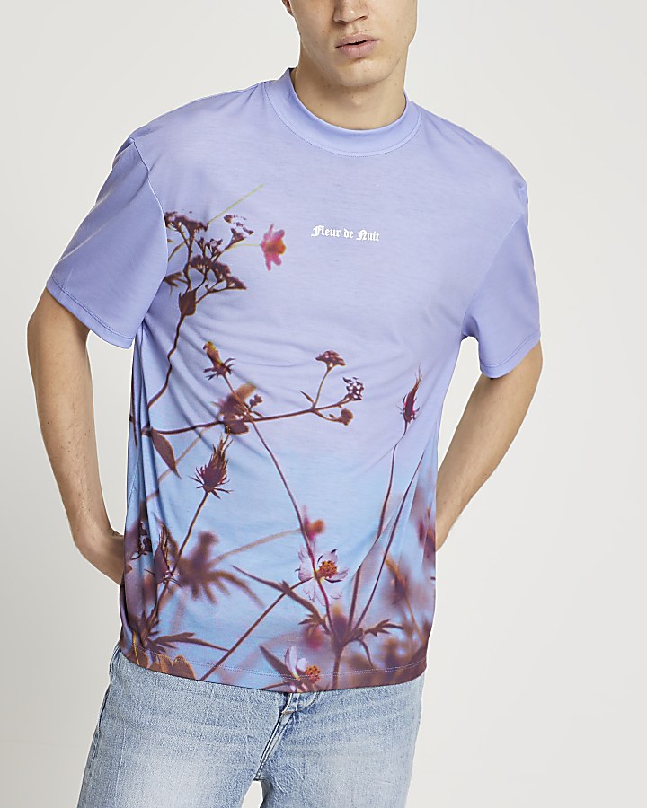 Blue floral print short sleeve t-shirt