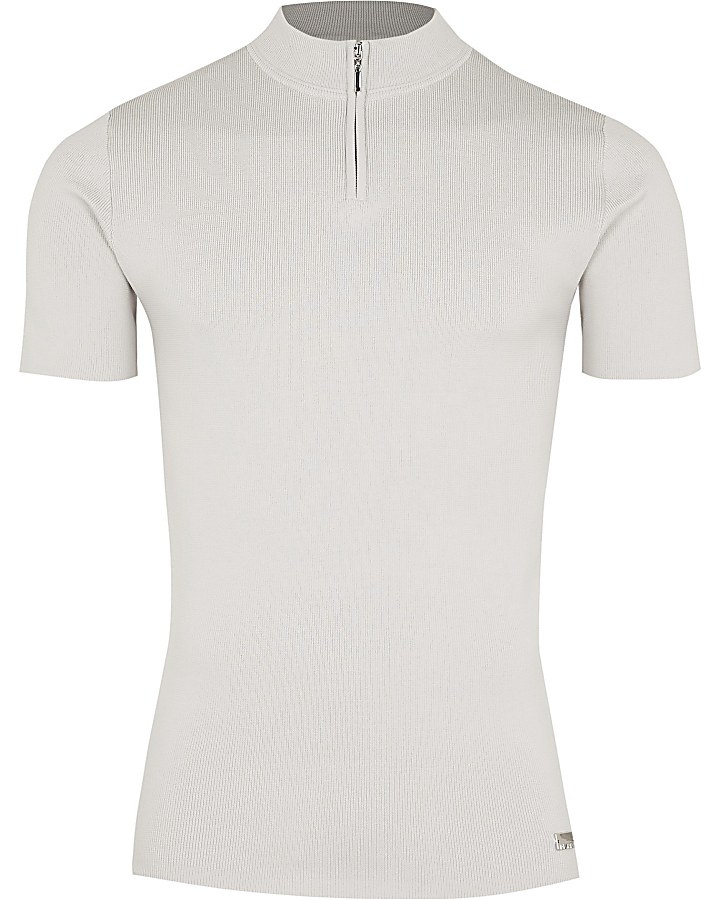 Grey slim fit half zip smart knit t-shirt