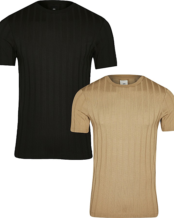 Stone ribbed muscle fit t-shirt 2 pack