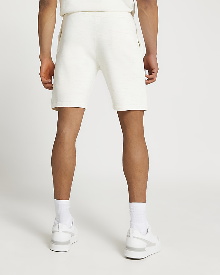 Ecru elasticated waist slim fit linen shorts
