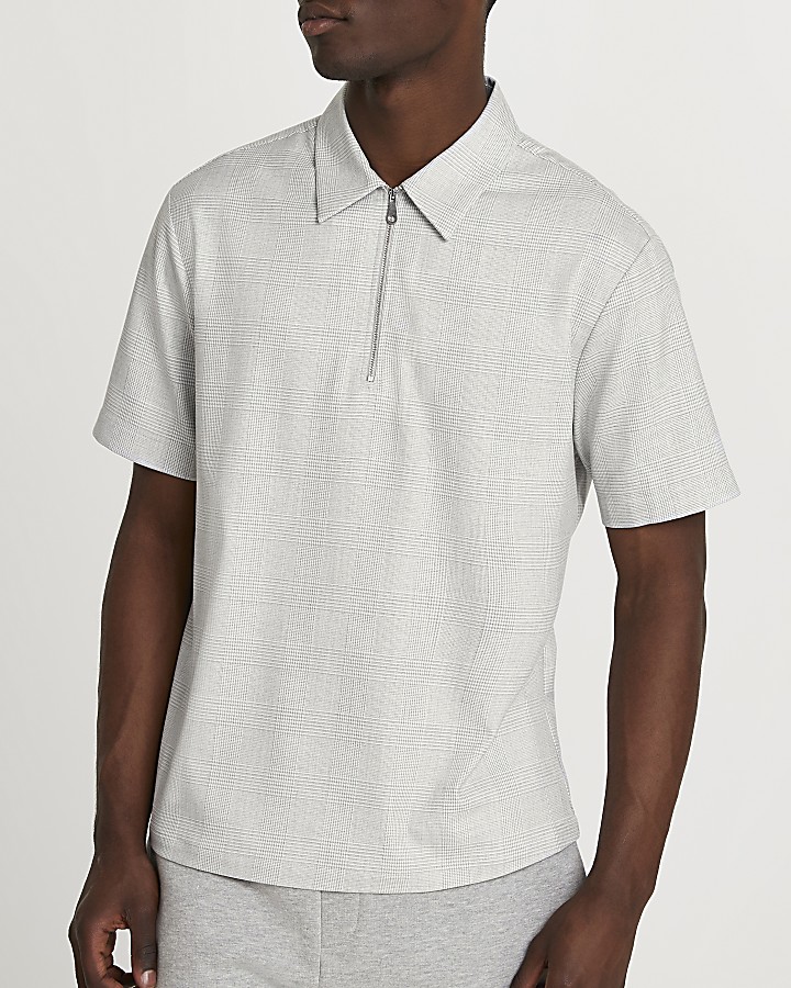 Grey check half zip short sleeve polo shirt