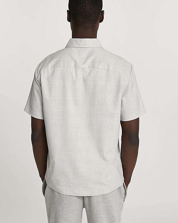 Grey check half zip short sleeve polo shirt