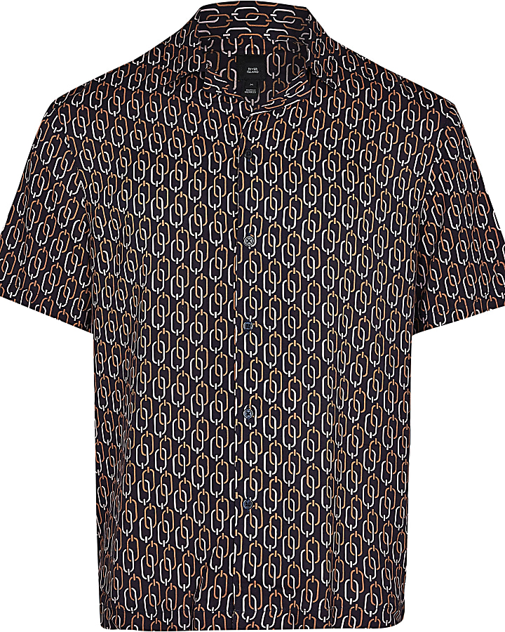 Navy chain print short sleeve revere shirt