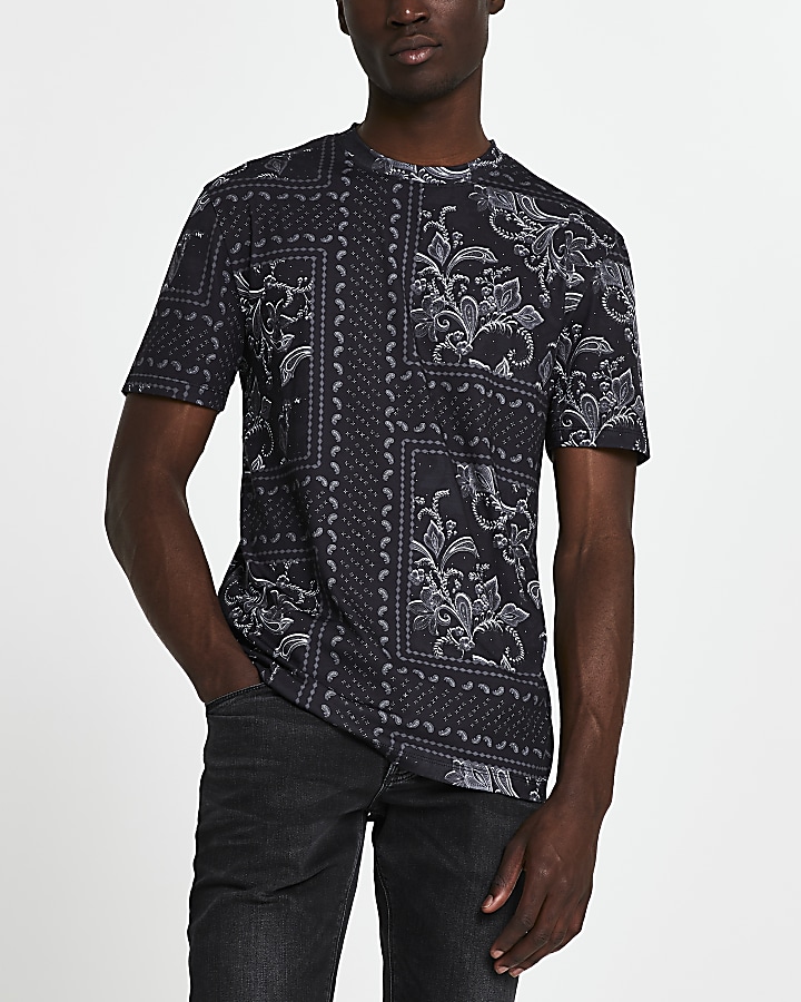 Black floral slim fit short sleeve t-shirt