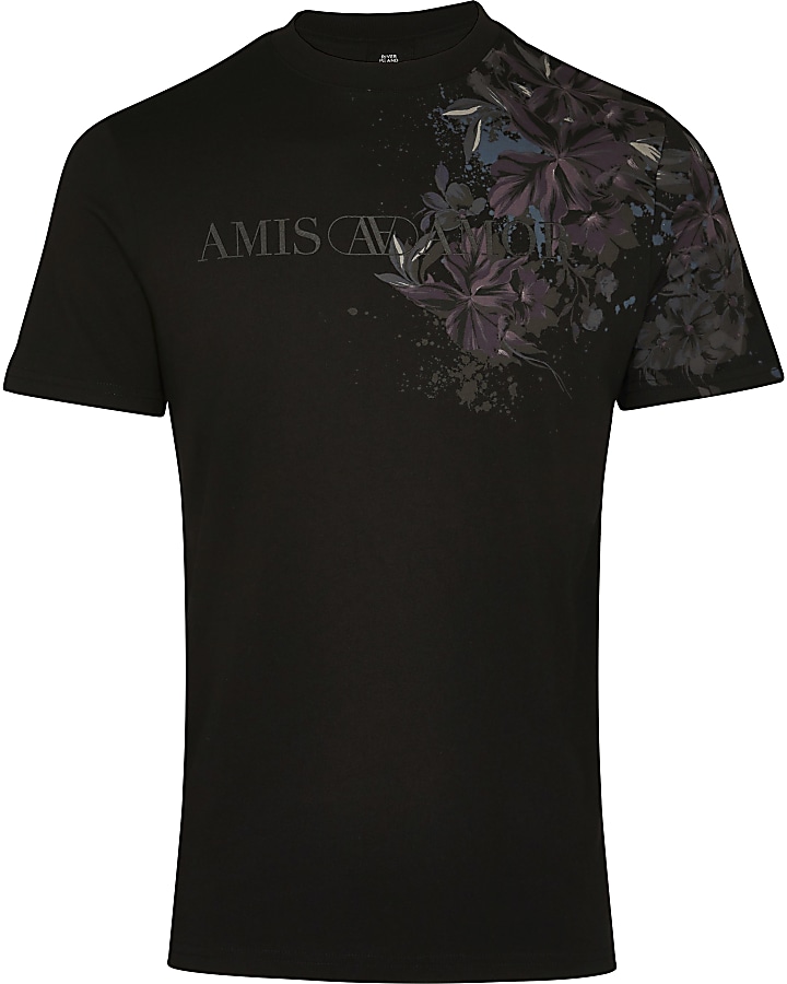 Black floral print slim fit graphic t-shirt