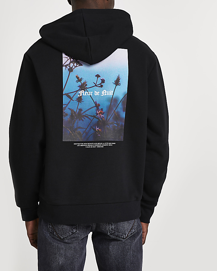 Black 'Fleur De Nuit' back print hoodie
