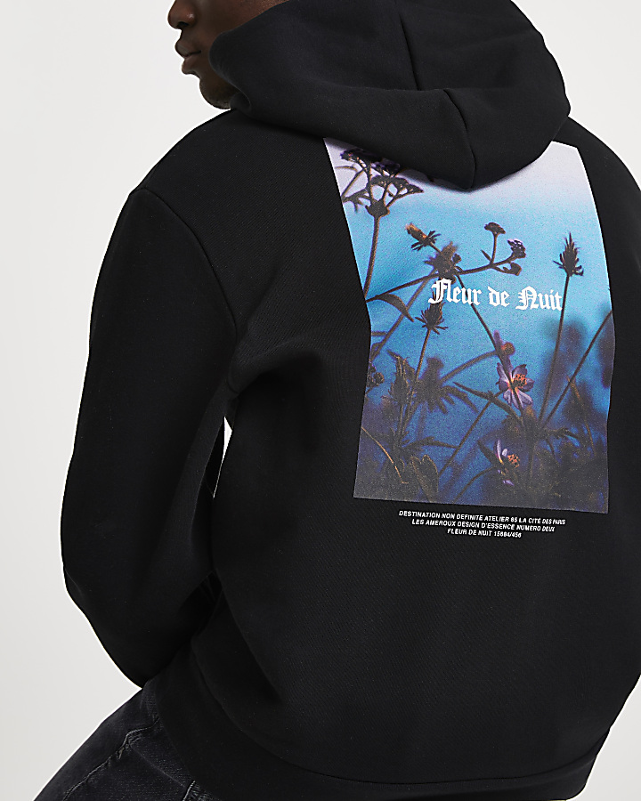 Black 'Fleur De Nuit' back print hoodie