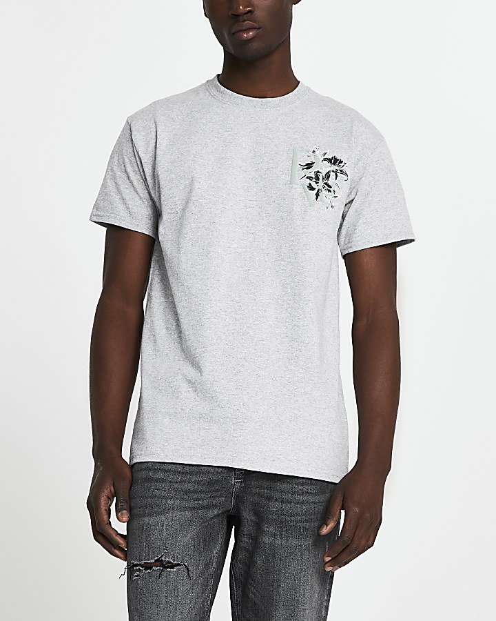 Grey 'River' floral logo slim fit t-shirt
