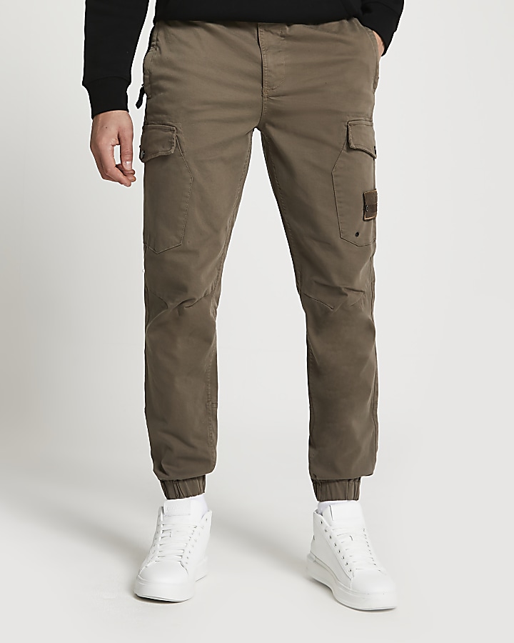 Brown washed slim fit cargo trousers