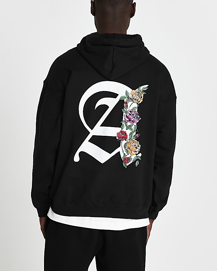 Black 'A' floral print slim fit hoodie