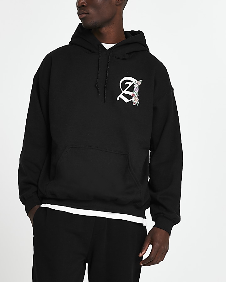Black 'A' floral print slim fit hoodie