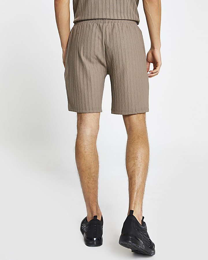 Brown textured ribbed slim fit shorts