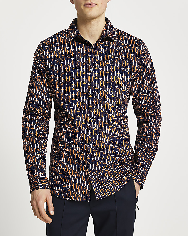 Navy chain print muscle fit long sleeve shirt
