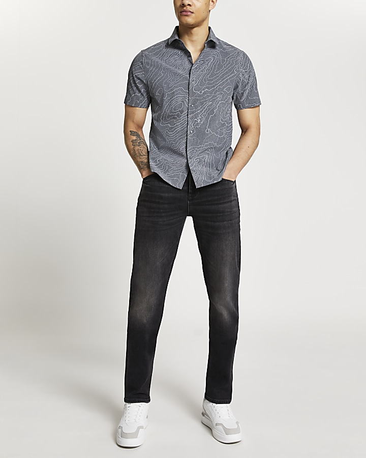 Grey line print slim fit short sleeve shirt