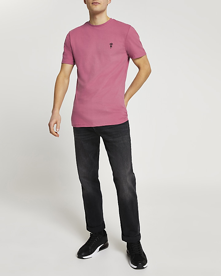 Pink 'RR' palm trees logo slim fit t-shirt