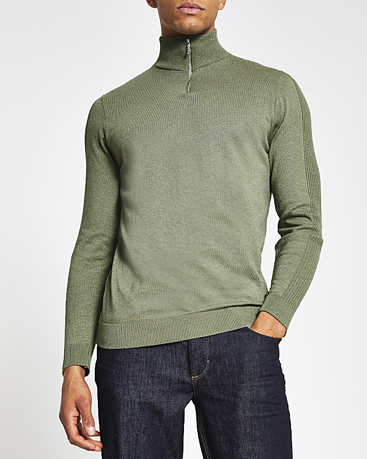 Green slim fit long sleeve half zip jumper