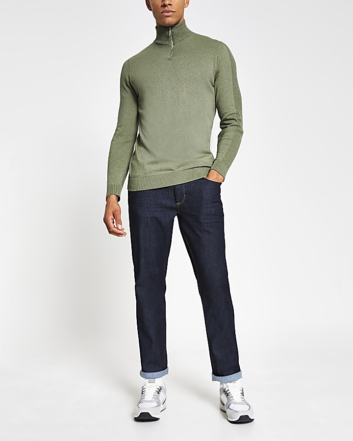 Green slim fit long sleeve half zip jumper