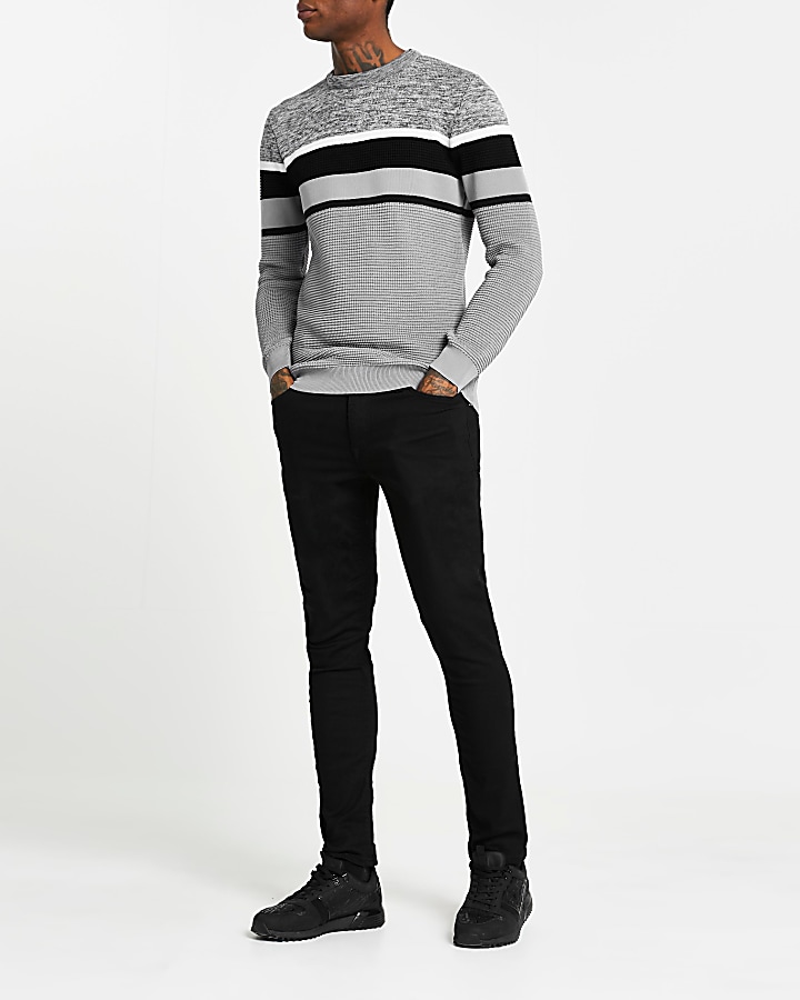 Black colour block slim fit jumper