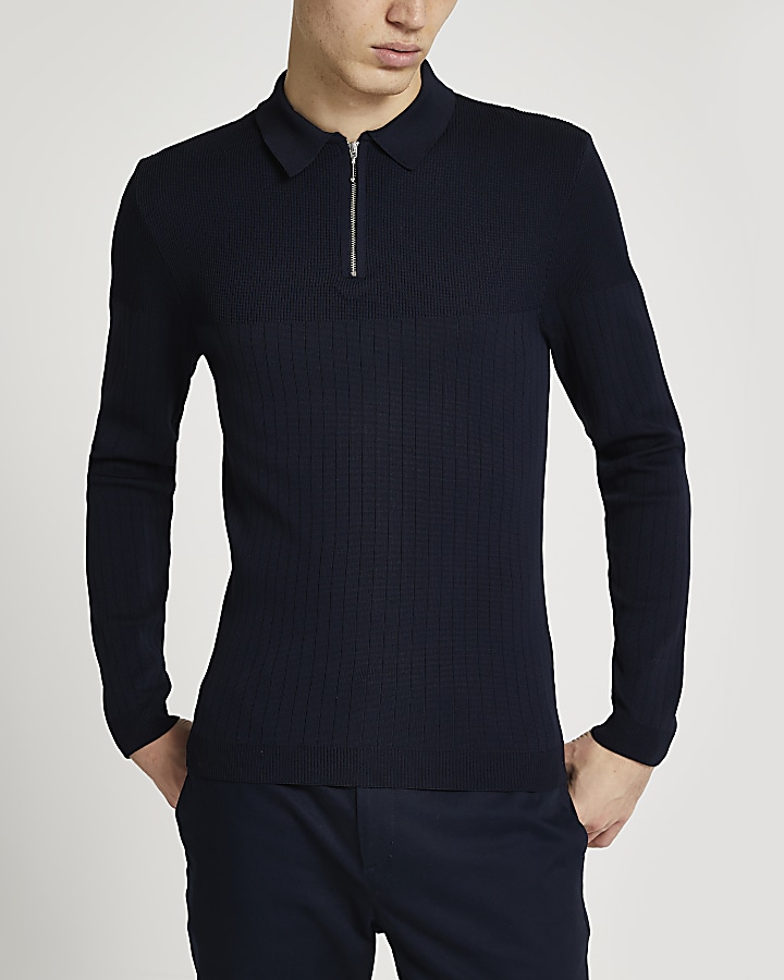 Navy muscle fit long sleeve polo shirt