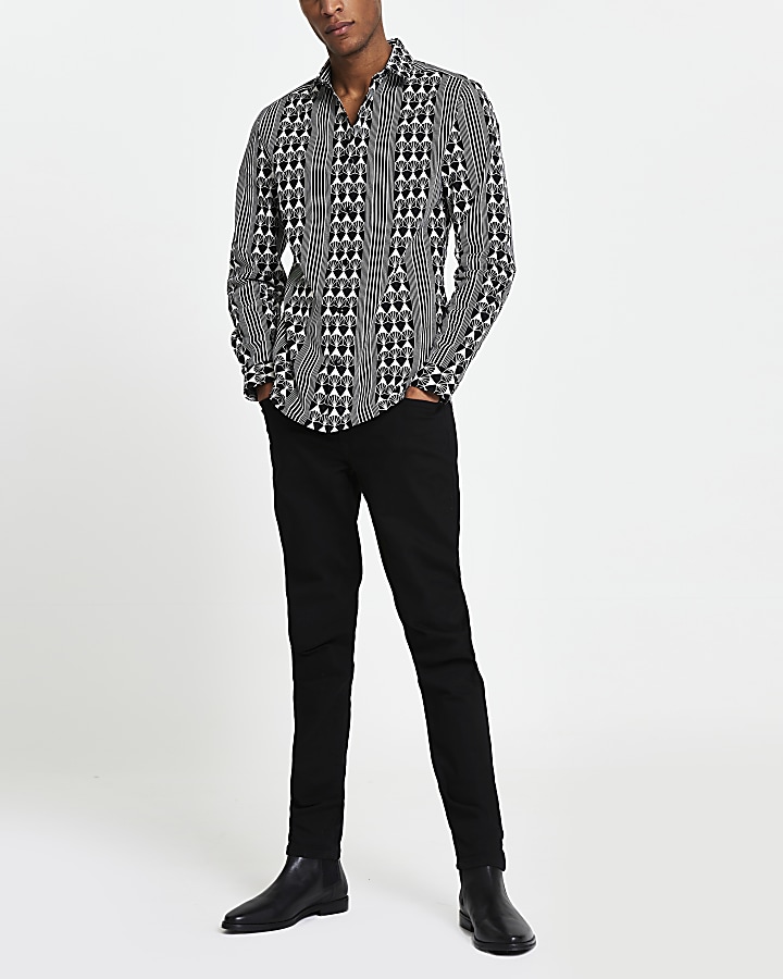 Black geometric long sleeve slim fit shirt