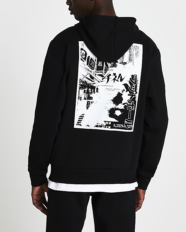 Black Japanese print slim fit hoodie