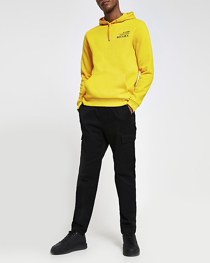 Yellow Japanese back print slim fit hoodie