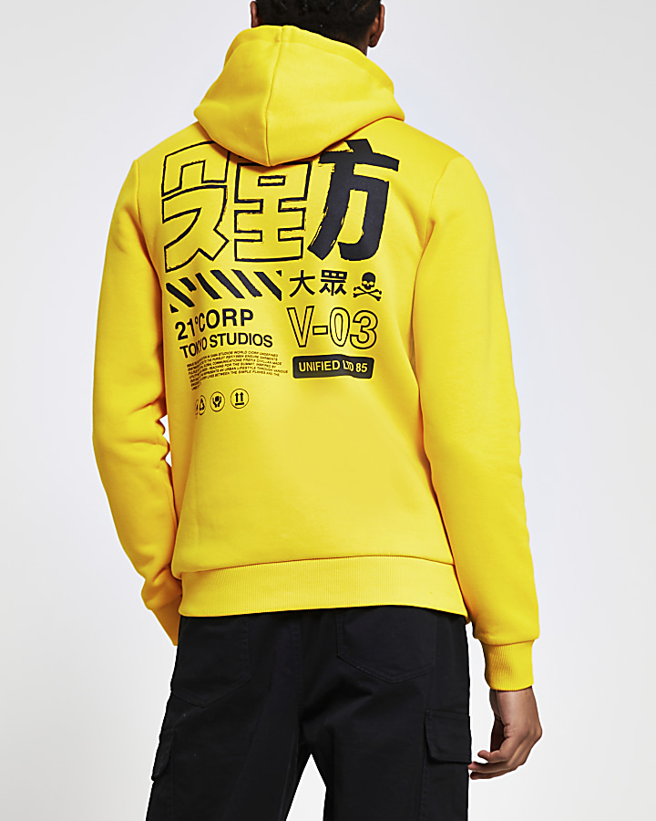 Yellow Japanese back print slim fit hoodie