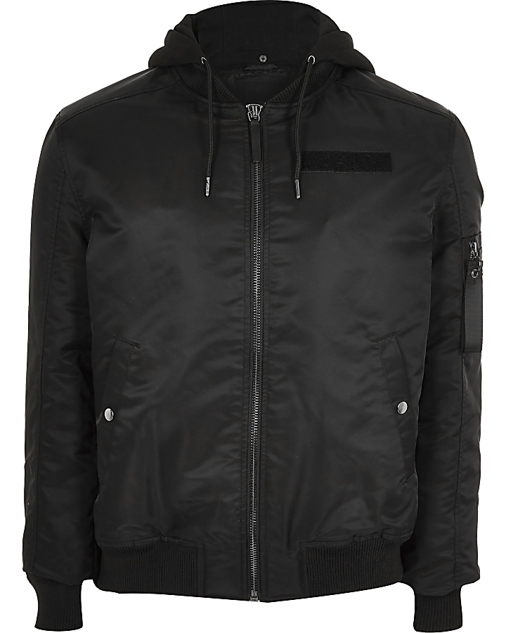 Big and Tall black hooded bomber jacket | River Island