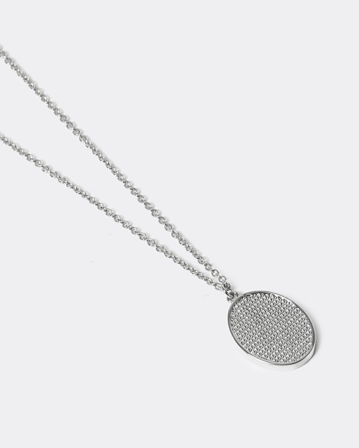 Silver colour etched oval pendant necklace