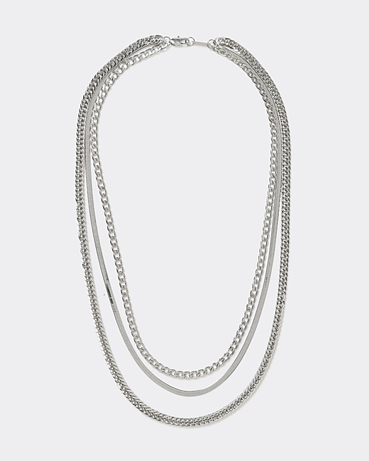 Silver colour layered three chain necklace