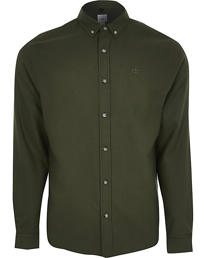 Khaki long sleeve flannel slim fit shirt