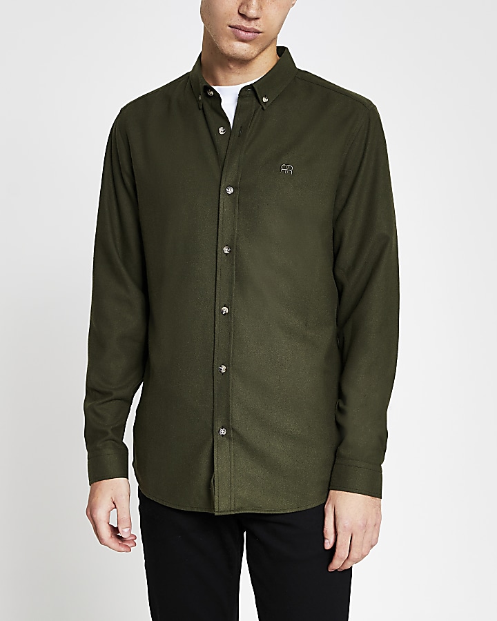 Khaki long sleeve flannel slim fit shirt