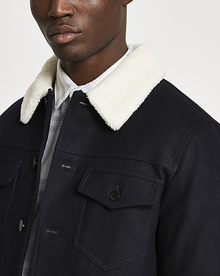 Navy wool borg collar jacket