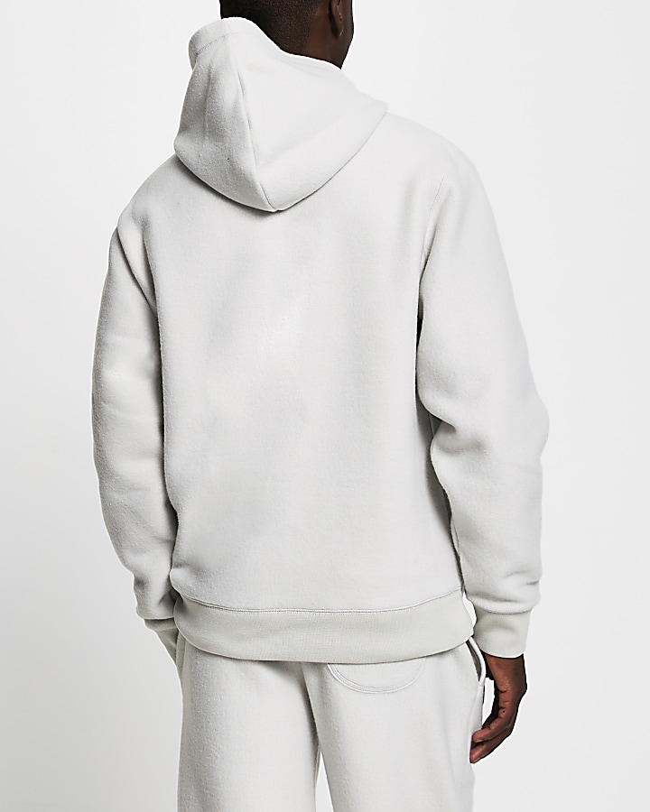 Grey popper slim fit fleece hoodie
