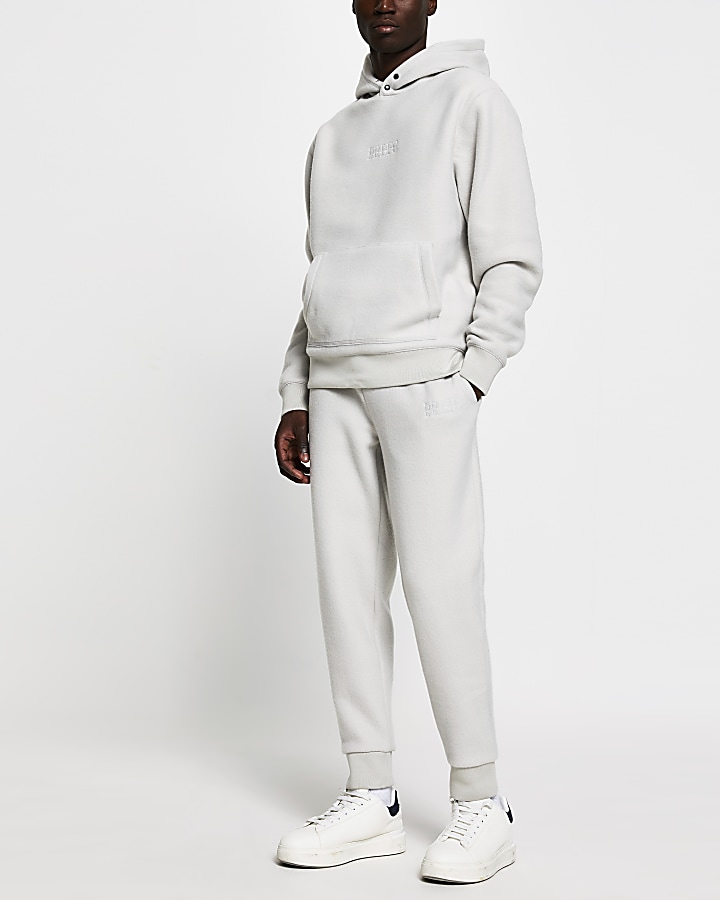 Grey popper slim fit fleece hoodie