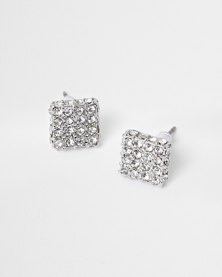 Silver Square rhinestone stud earrings