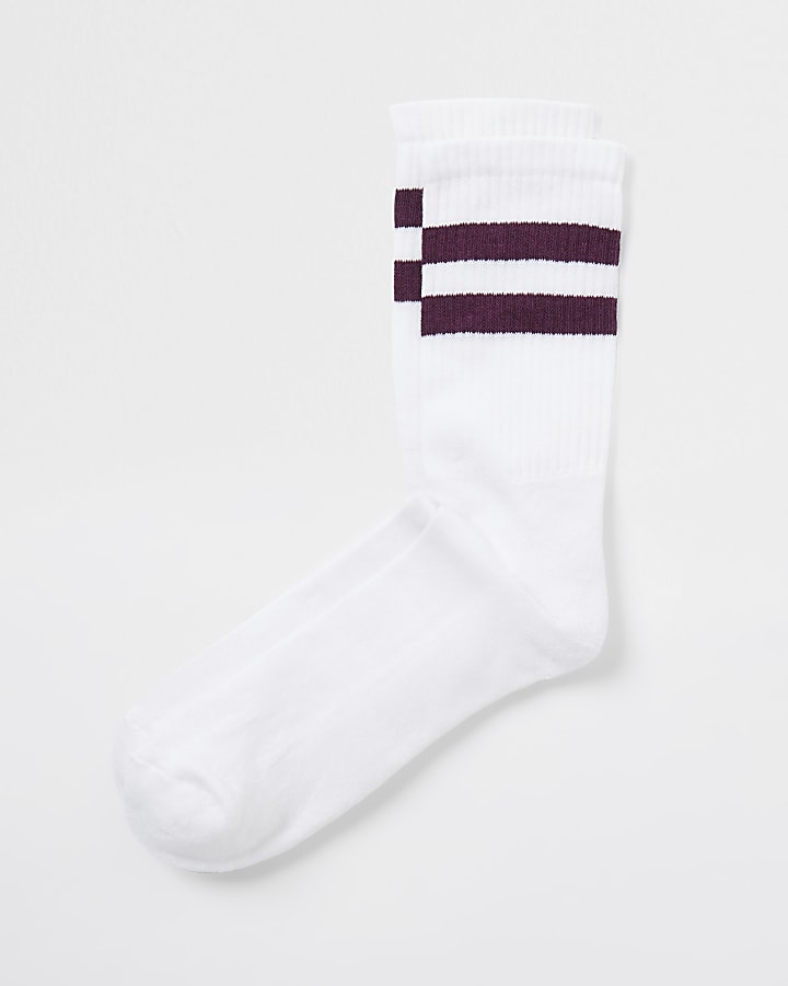 Purple double stripe white tube socks