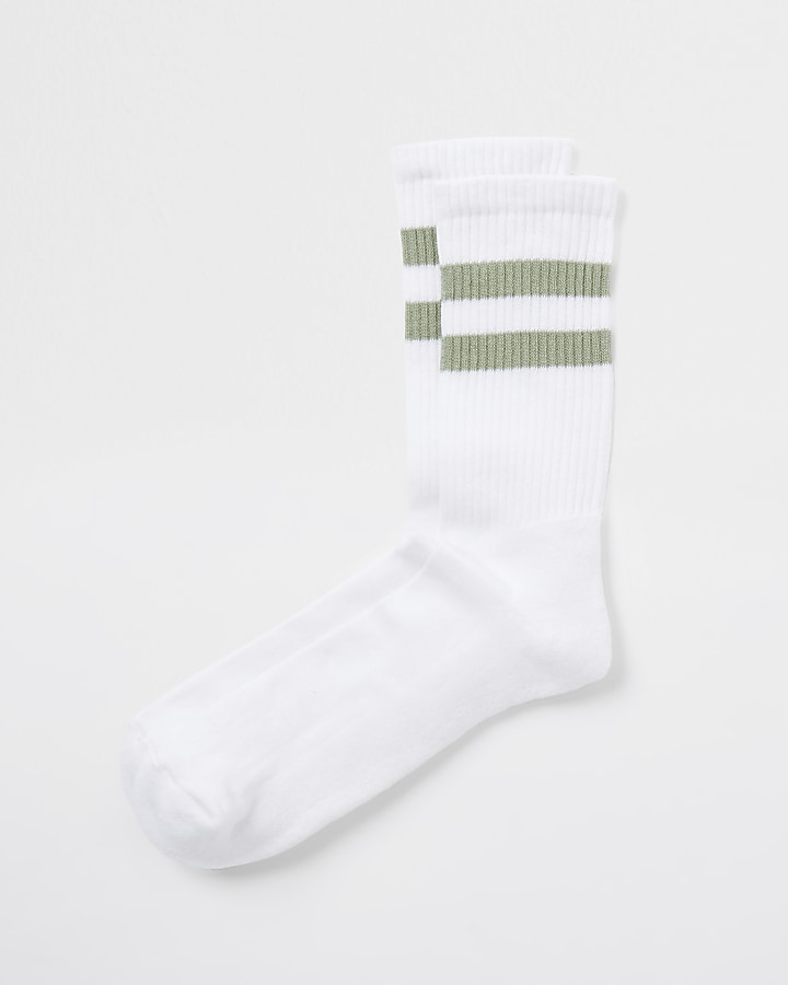 Sage double stripe white tube socks