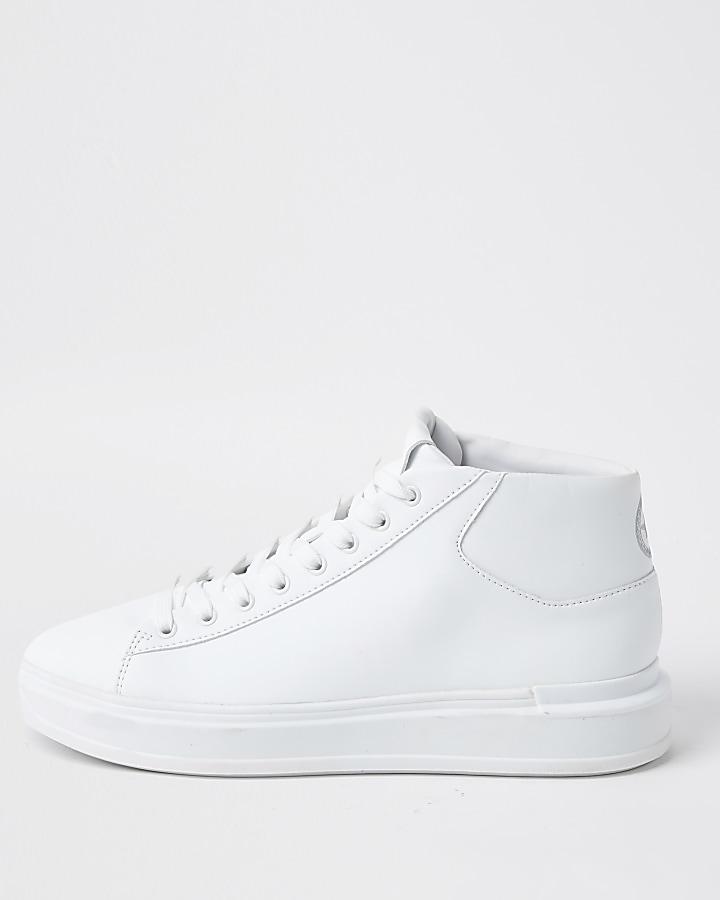 White faux leather lace up mid top trainers