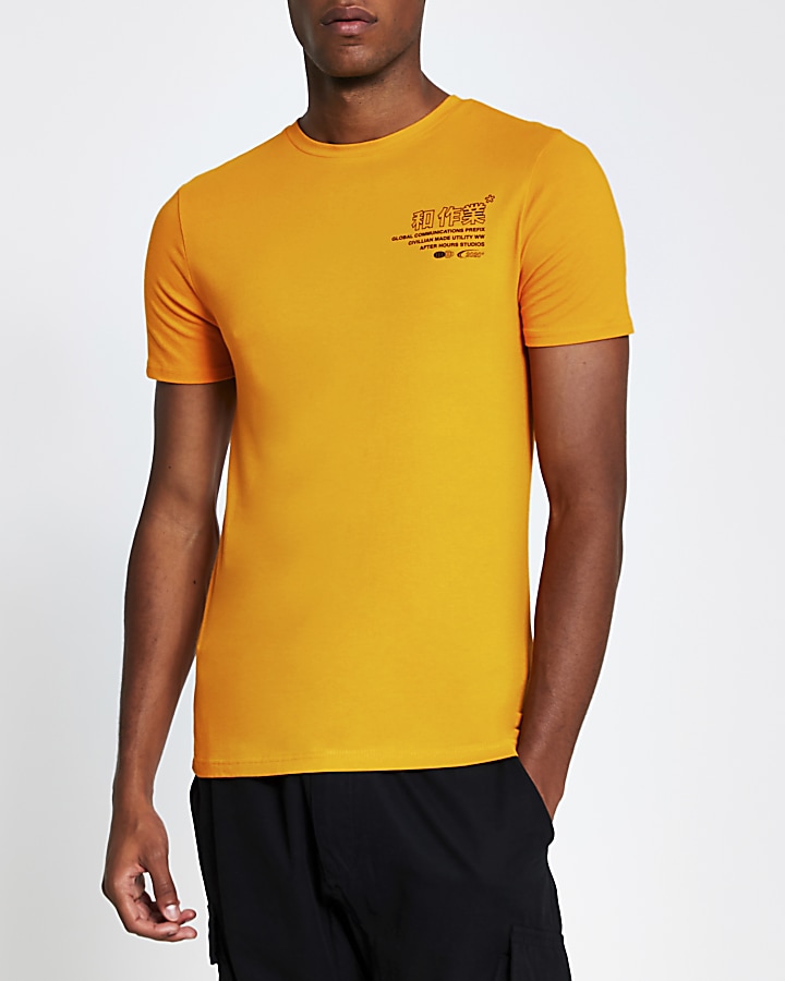Yellow chest print muscle fit T-shirt