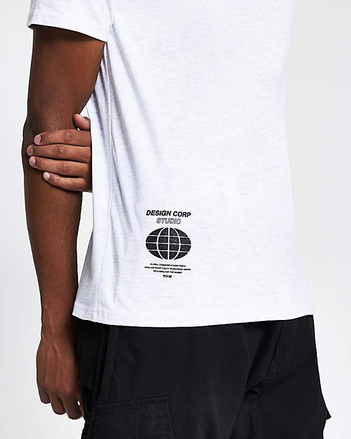 Grey marl graphic print slim fit T-shirt