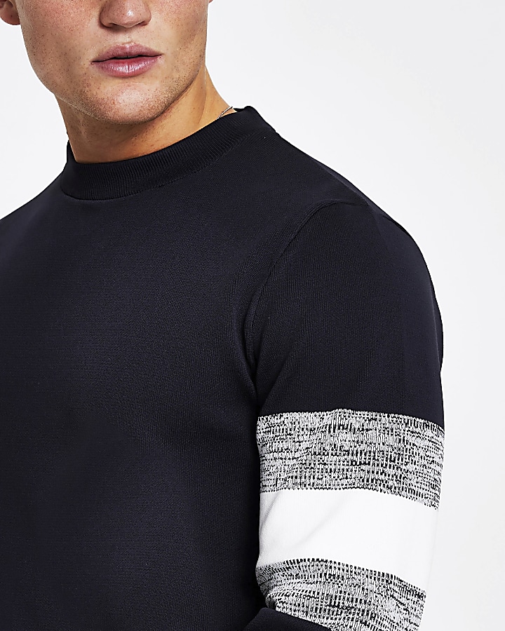 Navy blocked sleeve slim fit jumper