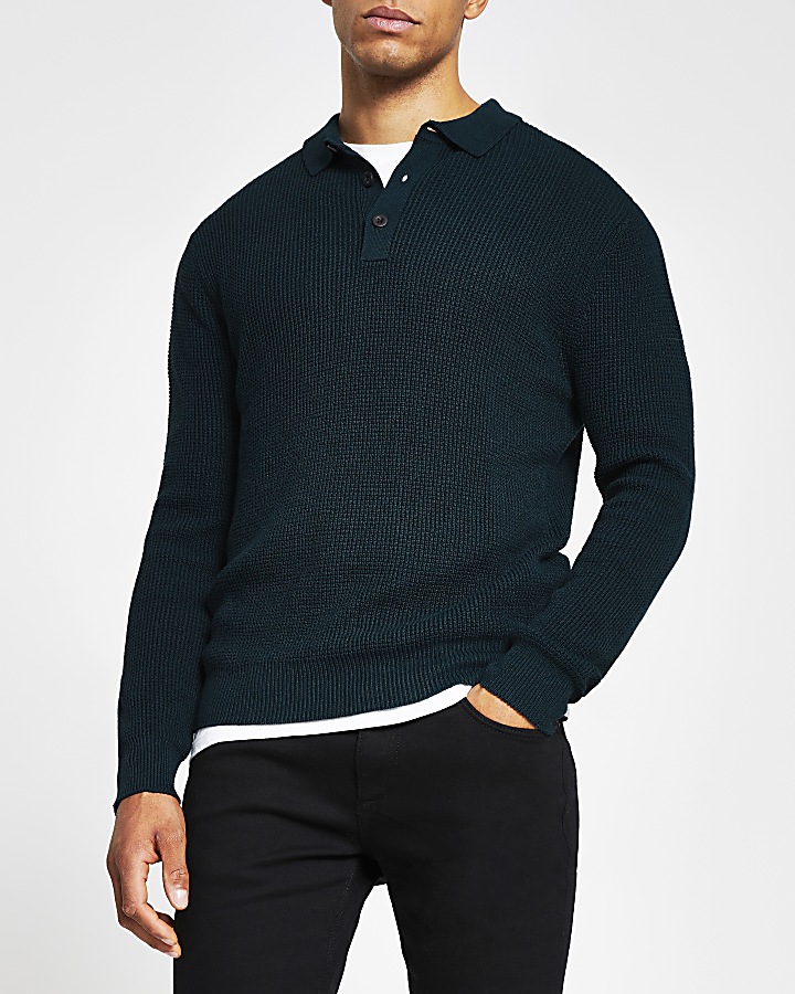 Dark green waffle knitted long sleeve jumper