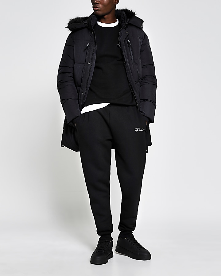 Black hooded puffer jacket
