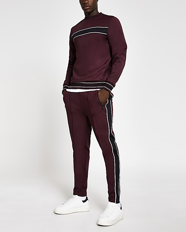 Dark red piped slim fit joggers