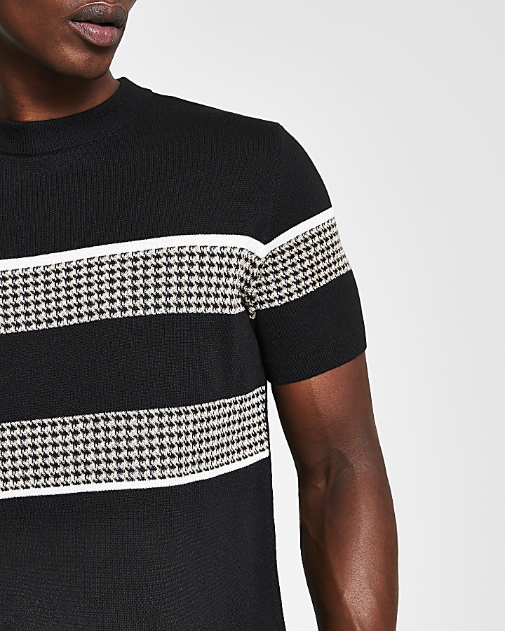 Black slim fit check block knitted t-shirt