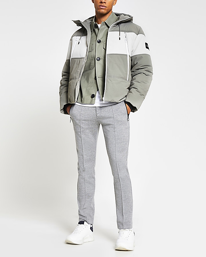 Grey hooded colour block puffer jacket