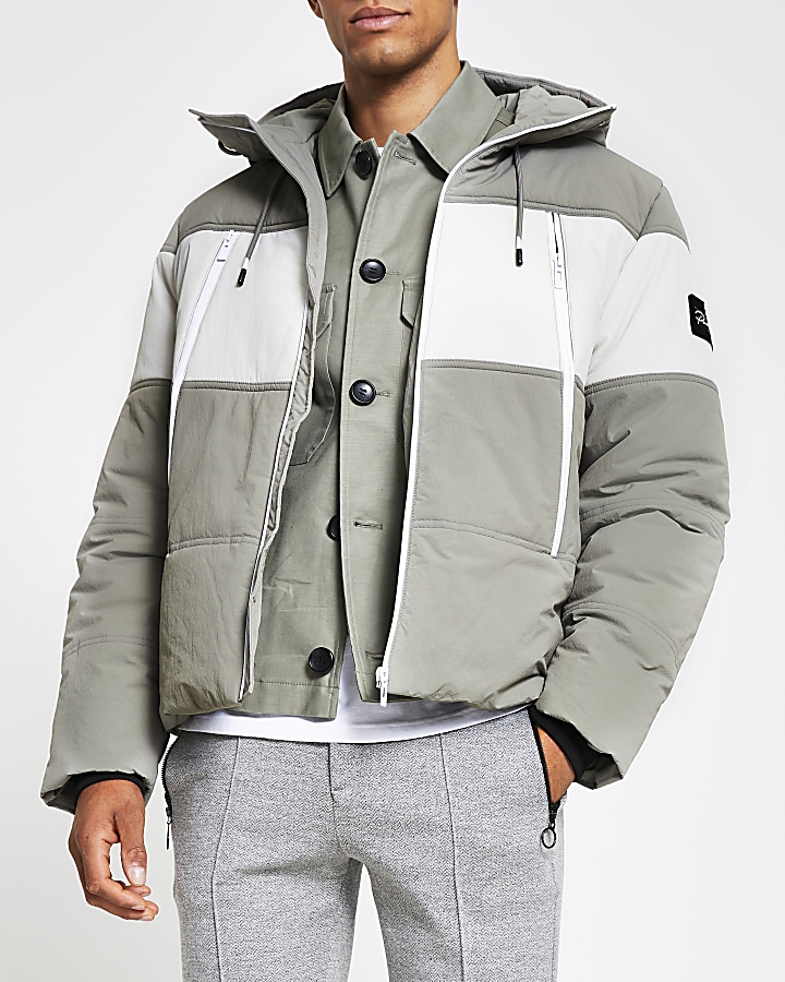 Grey hooded colour block puffer jacket