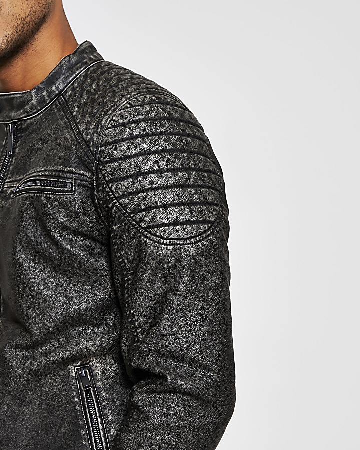 Charcoal grey faux leather quilted jacket