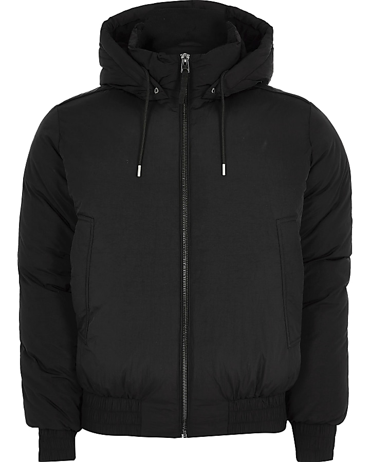 Black hooded short puffer jacket